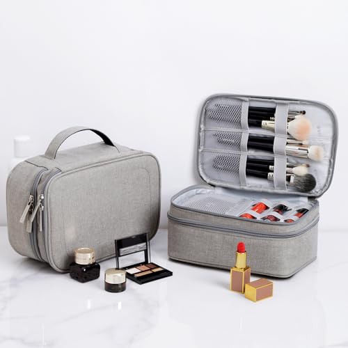 Rownyeon Makeup Train Cases Travel Makeup Bag Waterproof Portable Cosmetic Cases Organizer with Adjustable Dividers for Cosmetics Makeup Brushes Toiletry Jewelry Digital Accessories (Grey Small)
