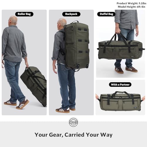 STOVER 45/80/100L U-Zip Rolling Duffel Bag with Wheels, X-Large Durable Travel Duffle + Toiletry Bag, Lay-Flat Opening, Packable w/Shoulder Straps- Use as Luggage or Backpack, Men/Women (Green) - color: U-Zip Voyager Green