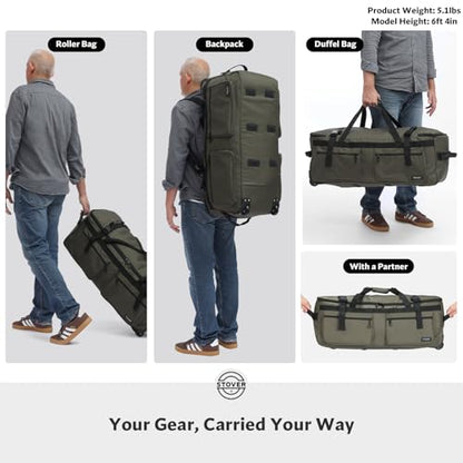 STOVER 45/80/100L U-Zip Rolling Duffel Bag with Wheels, X-Large Durable Travel Duffle + Toiletry Bag, Lay-Flat Opening, Packable w/Shoulder Straps- Use as Luggage or Backpack, Men/Women (Green) - color: U-Zip Voyager Green