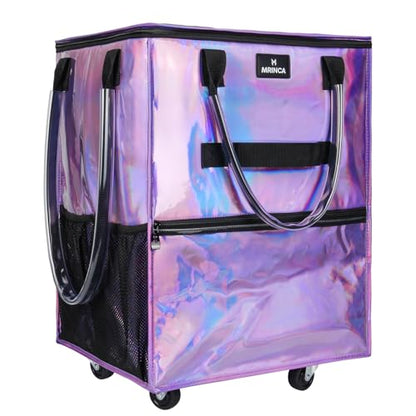 Reusable Grocery Bag On Wheels, 70L Foldable Rolling Tote with 6 Pockets - color: Gradient Purple, size: Medium
