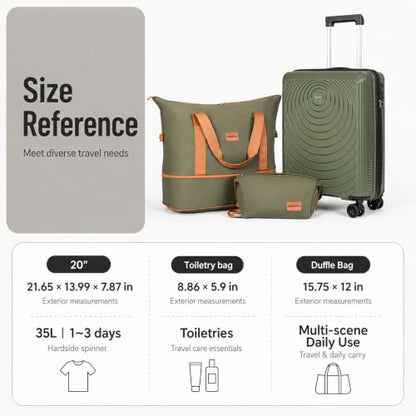 CONCEPTEN Luggage Sets 3 Piece, PP Hardshell Suitcases Set with Wheels - color: Olive Drab, size: 3 Piece Sets (21/Db/Tb)