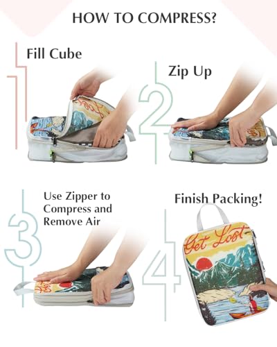 Gonex 6-Piece Compression Packing Cubes with Shoe & Laundry Bags - color: 6-Retro Mountains, size: 6 Set