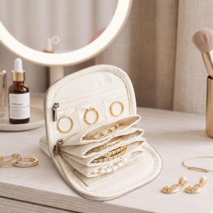 TOPEAST Quilted Travel Jewelry Case for Women, Puffer Jewelry Organized Bag - color: Beige-Shell