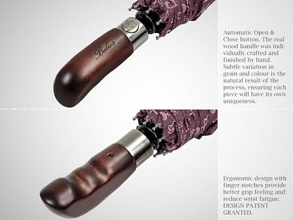 Balios Folding Umbrella Real Wood Handle Auto Open Close - color: Maple Leaves Red Plum