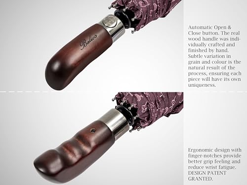 Balios Folding Umbrella Real Wood Handle Auto Open Close - color: Maple Leaves Red Plum