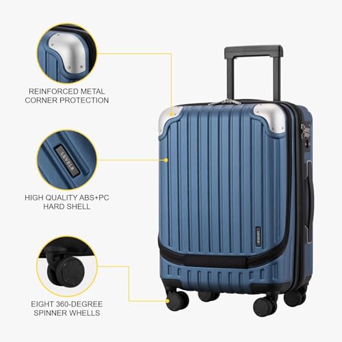 LEVEL8 Carry on Luggage 22x14x9 Airline Approved, 20" Suitcases with Wheels - color: Blue, size: 20 Inch
