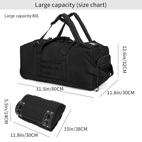 80L Travel Rolling Duffel Bag with wheels, Military Tactical Wheeled Foldable for Deployment Travel Camping Sports - color: Matte Black