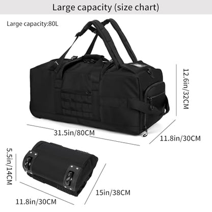 80L Travel Rolling Duffel Bag with wheels, Military Tactical Wheeled Foldable for Deployment Travel Camping Sports - color: Matte Black