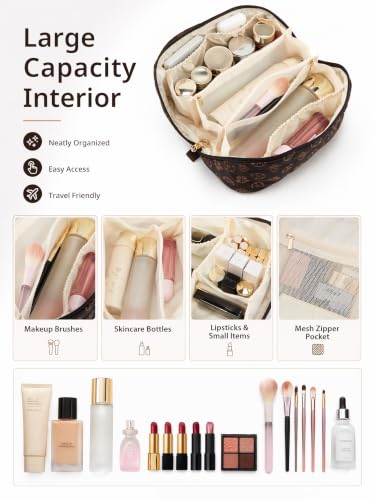 YTL Travel Makeup Bag, Puffer Cosmetic Organizer Bags, Women Toiletry Case - color: Coffee Flower Puffer