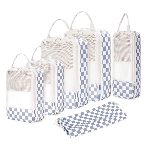 Narwey Compression Packing Cubes for Travel, Cute Luggage Organizer Bags - color: Z-Grayish Blue Checkerboard