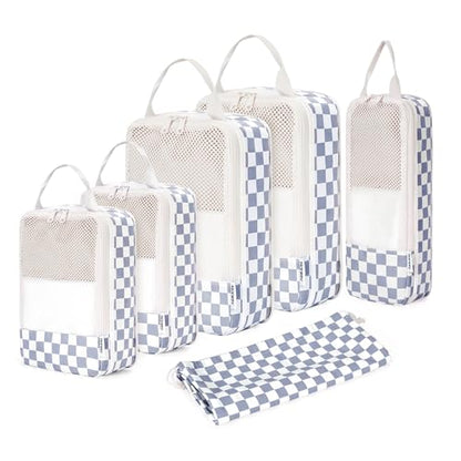 Narwey Compression Packing Cubes for Travel, Cute Luggage Organizer Bags - color: Z-Grayish Blue Checkerboard