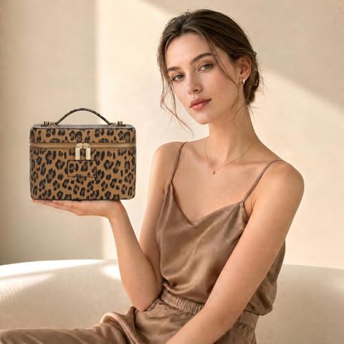 HiTotes Makeup Bag Leopard Vanity Case for Women Travel Cosmetic Bag Leather Toiletry Bags Cheetah Print Makeup Organizer Case - color: Leopard Brown