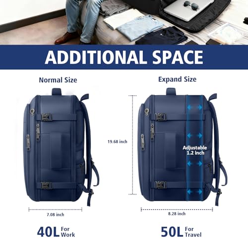 Travel Backpack for Men, 50L Expandable Large Carry On TSA Backpack, Blue - color: Blue