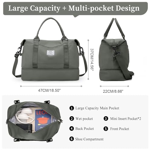 Weekender Bags for Women, Personal Item Travel Bag with Shoes Compartment - color: Olive Green, size: Large