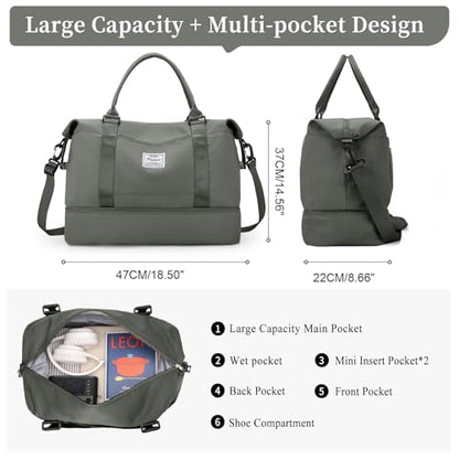 Weekender Bags for Women, Personal Item Travel Bag with Shoes Compartment - color: Olive Green, size: Large