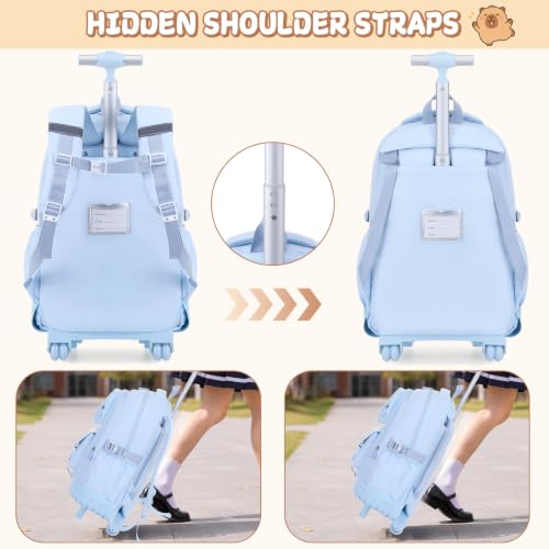 Capybara Rolling Backpack for Girls with Lunch Box & Pencil Case - color: Blue
