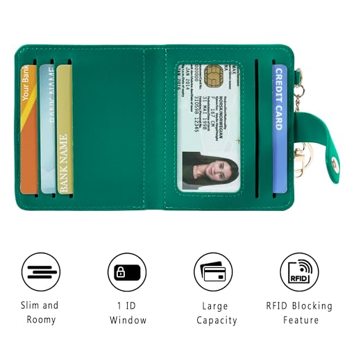 Airkit Small Wallet Women RFID, PU Leather Card Holder with Keychain - color: Deep Green