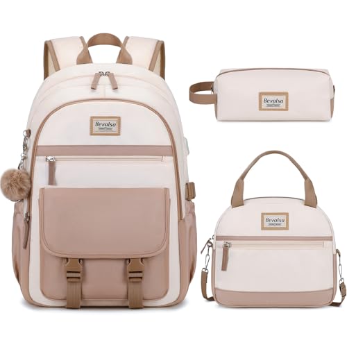 Bevalsa Backpack for Girls, 3PCS School Backpacks with Lunch Box | Pencil Pouch for Teens Girl Kids Elementary Middle High School College Student Bookbag Daypack - color: Beige Khaki, size: 15.6 inch