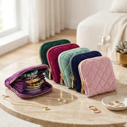 Jewelry Organizer Case, Small Travel Velvet Pouch, Portable - color: Wine Red Quilted