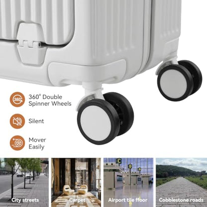 20Inch Carry On Luggage with Front Pocket and Cup Holder, White - color: White-SK, size: 20 Inch