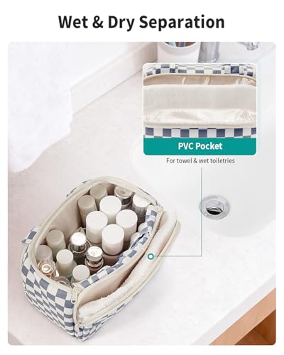 Narwey Travel Toiletry Bag for Women, Large Cosmetic Makeup Bag Organizer - color: Greyish Blue Checkerboard