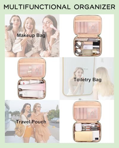 Relavel 여행용 메이크업 가방, 메이크업 브러시 홀더 2개가 있는 여아용 화장품 가방, 여성용 휴대용 메이크업 파우치, 이중 레이어 오거나이저가 있는 귀여운 세면도구 가방 - 그린 - color: 01-그린, size: 소형