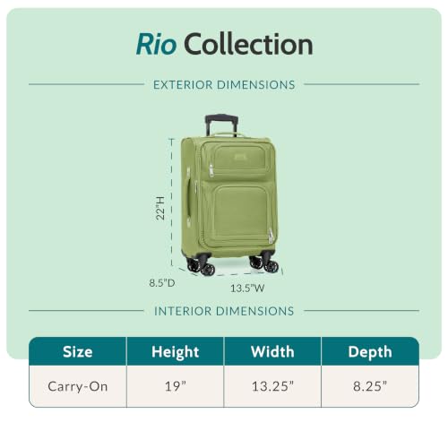 U.S. Traveler Rio Lightweight Softside Rolling Carry-on Suitcase, 4-Wheel Single, Light Green - color: Light Green, size: 22"