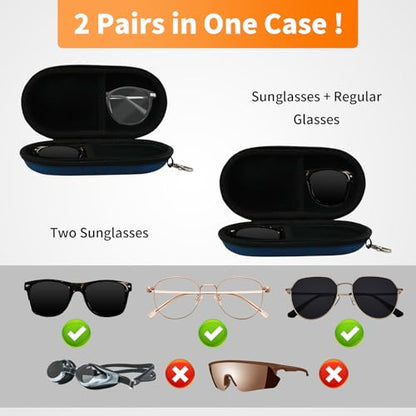 Double Eyeglasses Case, Hard Shell Dual Sunglasses Organizer with Zipper Clip Travel Glasses Storage for Women Men - color: Navy