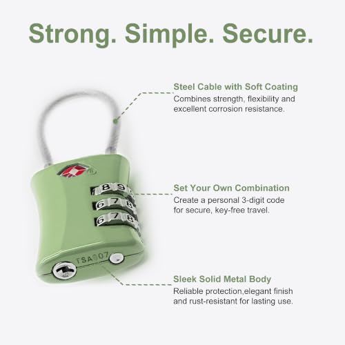 Luggage Locks TSA Approved, Airplane Travel Essentials, TSA Locks for Luggage, Suitcase, Anti Theft Small Padlock Combination, Mini Cable Padlock for Backpack, Bag Zipper, Case, Tool Box - color: Black+Green