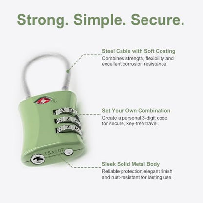 Luggage Locks TSA Approved, Airplane Travel Essentials, TSA Locks for Luggage, Suitcase, Anti Theft Small Padlock Combination, Mini Cable Padlock for Backpack, Bag Zipper, Case, Tool Box - color: Black+Green
