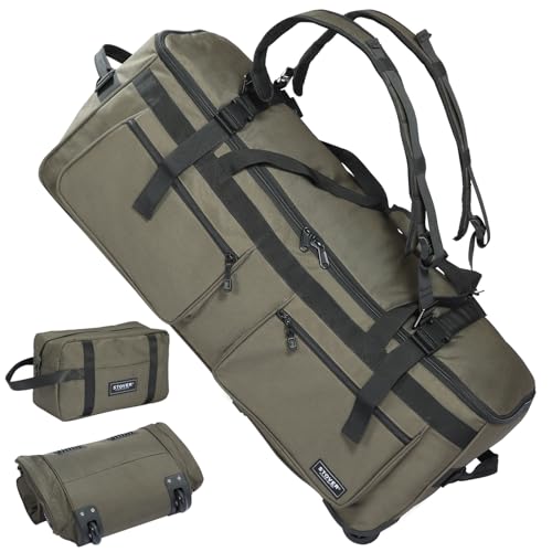 STOVER 45/80/100L U-Zip Rolling Duffel Bag with Wheels, X-Large Durable Travel Duffle + Toiletry Bag, Lay-Flat Opening, Packable w/Shoulder Straps- Use as Luggage or Backpack, Men/Women (Green) - color: U-Zip Voyager Green