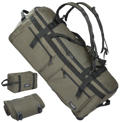 STOVER 45/80/100L U-Zip Rolling Duffel Bag with Wheels, X-Large Durable Travel Duffle + Toiletry Bag, Lay-Flat Opening, Packable w/Shoulder Straps- Use as Luggage or Backpack, Men/Women (Green) - color: U-Zip Voyager Green