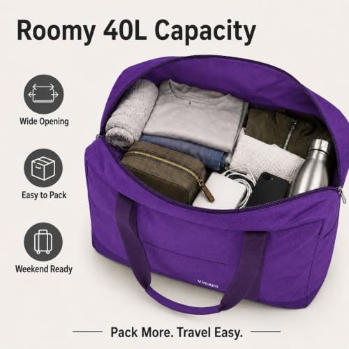 Foldable Travel Duffle Bag with Trolley Sleeve 40L Travel Bag - color: Purple