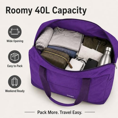 Foldable Travel Duffle Bag with Trolley Sleeve 40L Travel Bag - color: Purple