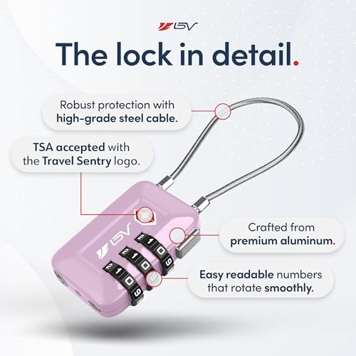 BV Luggage Locks TSA Accepted, Travel Sentry Approved 3-Digit Combination Suitcase Locks with Open Alert & Flexible Cable for Travel, Backpacks, Lockers, Cases, Purple, 4 Pack - color: Purple 4-Pack