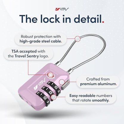 BV Luggage Locks TSA Accepted, Travel Sentry Approved 3-Digit Combination Suitcase Locks with Open Alert & Flexible Cable for Travel, Backpacks, Lockers, Cases, Purple, 4 Pack - color: Purple 4-Pack