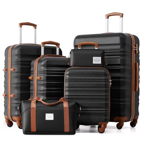 LONG VACATION Luggage Sets, 6 Piece, Hardshell Suitcase with Spinner Wheels - color: BLACK-BROWN, size: 6-Piece Set