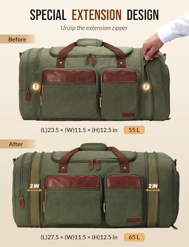 Canvas Duffle Bag for Travel 65L Expandable, Army Green - color: Army Green, size: Extra Large 65 L