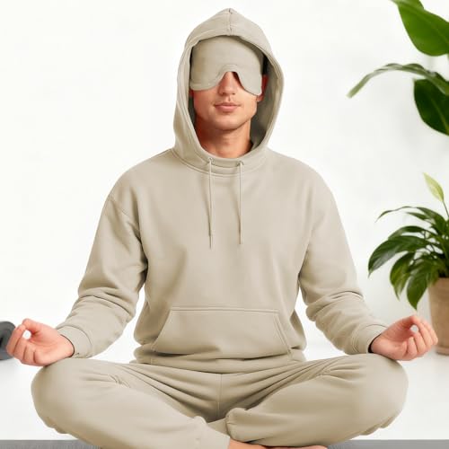 Ainangua Mens Oversized Pullover Essentials Hoodie with Eye Mask Built In Comfor Airplane Mode Travel Sleep Wearable Blanket - color: Khaki, size: Small