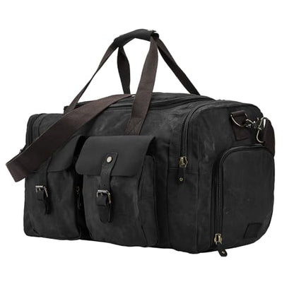 Waxed Canvas Duffel Bag with Shoe Compartment | Waxed Canvas Travel Bag for Men, Genuine Leather Trim, Shoe Compartment, Front Pockets, Weekend, Overnight and Carry-On Use - color: Black