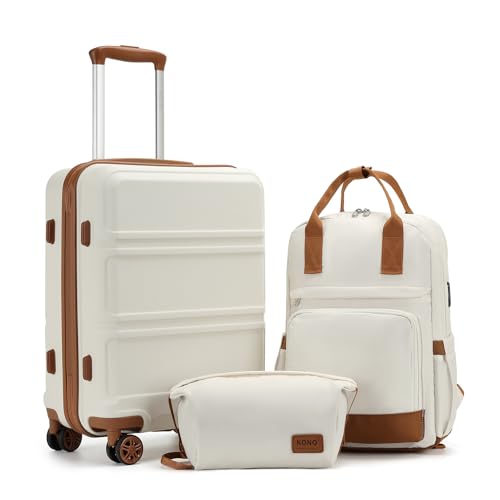 Kono Luggage Set 3 Piece Carry On Hardside Luggage with Spinner Wheels - color: Cream White, size: 20-inch/Bp/Tb