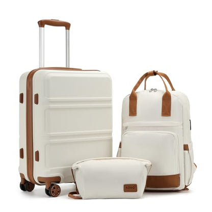 Kono Luggage Set 3 Piece Carry On Hardside Luggage with Spinner Wheels - color: Cream White, size: 20-inch/Bp/Tb