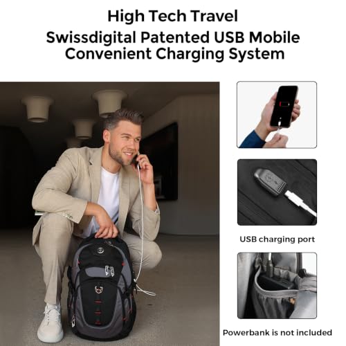 Swissdigital 비즈니스 여행 노트북 백팩 - 남성 및 여성용 스마트 USB 충전 포트 포함, 15.6인치 노트북에 적합, 블루, 블랙/그레이., 표준, 비즈니스 - color: 블랙/그레이.
