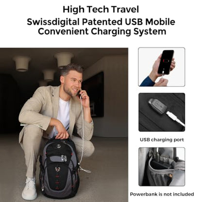 Swissdigital Design Travel Backpack for Men with USB Charging Port SD803-02 - color: Black/Grey