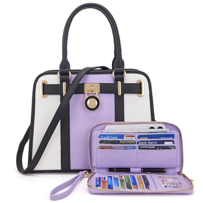 Qiyuer Structured Satchel Tote Handbags Set Women Purses with RFID Wallet - color: A635-2pcs/Set Whitelavender