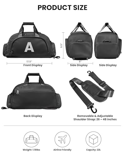 Initial Gym Bag with Shoe Compartment, Gift Idea for Girls Boys - color: Black, style: H