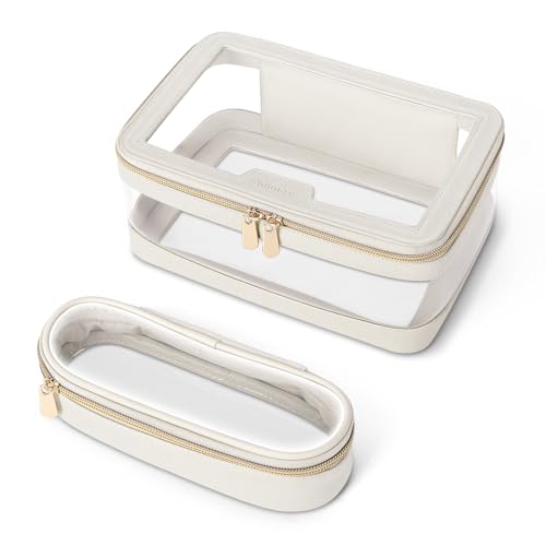 Soimeat Travel Clear Makeup Bag with Makeup Brush Bag, Leather Makeup Case Toiletry Bag, Portable Cosmetic Bag Case, Transparent Waterproof Cosmetic Organizer Storage Bag for Women, Medium, Off-White - size: M