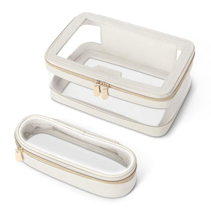 Soimeat Travel Clear Makeup Bag with Makeup Brush Bag, Leather Makeup Case Toiletry Bag, Portable Cosmetic Bag Case, Transparent Waterproof Cosmetic Organizer Storage Bag for Women, Medium, Off-White - size: M