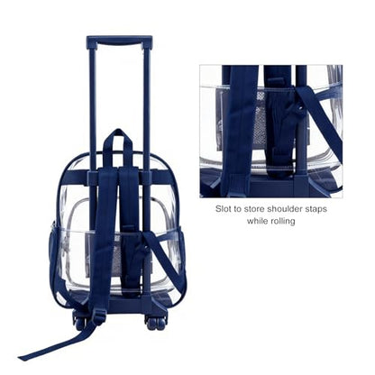 COVAX Rolling Clear Backpack, Heavy Duty See Through Bookbag, Transparent PVC Cold-resistant Backpack with Wheels (Navy) - color: Navy