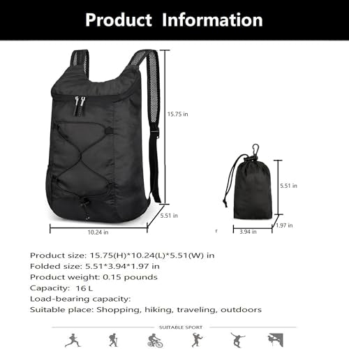 levayhill 16L Foldable Hiking Backpack,Small Packable Daypack,Black - color: Black